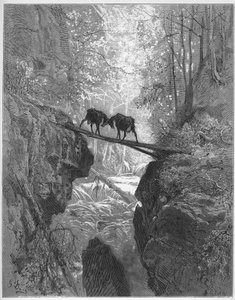 लेस ड्यूक्स शेवरेस - दो बकरियां - जीन डे ला फोंटेन (लाफोंटेन) (1621-95) द्वारा 'फेबल्स' से - गुस्ताव डोर (1832-83) के बाद उत्कीर्णन - निजी संग्रह
