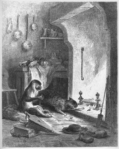 बंदर और बिल्ली - जीन डे ला फोंटेन (लाफोंटेन) (1621-95) द्वारा 'फेबल्स' से - गुस्ताव डोर (1832-83) के बाद उत्कीर्णन - निजी संग्रह