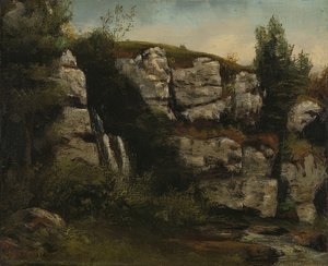 चट्टानों और झरने के साथ लैंडस्केप। 1872 द्वारा गस्टवे कौरबेट