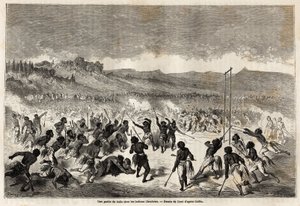 चॉक्टाव्स इंडियंस, मिसिसिपी क्षेत्र की जनजाति, गुस्ताव डोर (1832-1883) द्वारा तैयार की गई एक गेंद का खेल, 1853-54 में बाउडौइन मोलहौसेन (1825-1905) द्वारा प्रशांत महासागर में मिसिसिपी यात्रा को चित्रित करने के लिए। "" ले टूर डू मोंडे, नोव्यू जे मे द्वारा गुस्ताव डोर