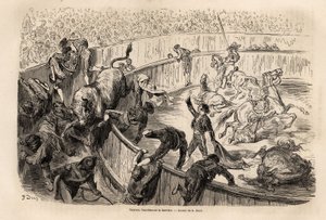 1862 में सी. डेविलियर के साथ स्पेन की अपनी यात्रा का वर्णन करने के लिए गुस्ताव डोर (1832-1883) द्वारा चित्रित, वालेंसिया में एक बुलफाइट के दौरान बाधा पार करते हुए एक बैल। एडौर्ड चार्टन द्वारा गुस्ताव डोर