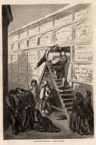1862 में सी. डेविलियर के साथ स्पेन की अपनी यात्रा का वर्णन करने के लिए गुस्ताव डोरे (1832-1883) द्वारा चित्रित बार्सिलोना में एक अंतिम संस्कार। एडौर्ड चार्टन द्वारा संपादित "" ले टूर डू मोंडे "" में उत्कीर्णन द्वारा गुस्ताव डोर