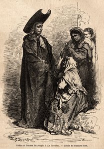 एक याजक और लोगों की एक महिला, लत्ता पहिने हुए; पेशेवर स्पेनिश भिखारी ईसाई दान का कुशलता से फायदा उठाने के लिए चर्चों के दरबार में बस गए। गुस्ताव डोर (1832-1883) द्वारा लाइव पर लिया गया स्केच। यात्रा को चित्रित करने के लिए उत्कीर्णन द्वारा गुस्ताव डोर
