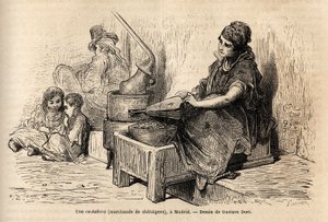 एक ओपन-एयर चेस्टनट व्यापारी, अपने पोर्टेबल ओवन के साथ, मैड्रिड में पुएर्ता डेल सोल में ज्वलंत पर स्केच। गुस्ताव डोर (1832-1883) द्वारा उत्कीर्णन, च के साथ स्पेन की अपनी यात्रा का वर्णन करने के लिए। डेविलियर (संपादक), 1862 में, "ले टूर डू मोंडे"&q द्वारा गुस्ताव डोर