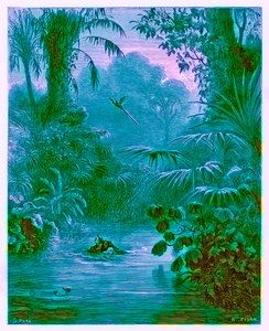 अटाला और चक्टास एक नदी को पार करते हुए, हेलोरियोर जोसेफ पिसान (1822-90) द्वारा उत्कीर्ण &39;द डोर गैलरी&39; से चित्रण, प्रकाशित c.1890 (डिजिटल रूप से बढ़ी हुई छवि) द्वारा गुस्ताव डोर