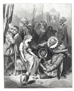 &39;सिंड्रेला एंड द ग्लास स्लिपर&39;, लुई हेनरी ब्रेविरे (1797-1869) द्वारा उत्कीर्ण &39;लेस कंटेस डी पेरौल्ट&39; से चित्रण, जे। हेटेल, 1862 द्वारा प्रकाशित द्वारा गुस्ताव डोर