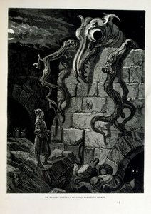 क्रोक-मिटाइन; 1863 का चित्रण, गुस्ताव डोर द्वारा (1832 - 1883); फ्रांसीसी कलाकार, प्रिंटमेकर, चित्रकार। Croque-Mitaine (द बोगीमैन) बच्चों को डराने और इस तरह उन्हें समझदार बनाने के लिए प्रस्तुत किया गया एक हानिकारक चरित्र है। द्वारा गुस्ताव डोर