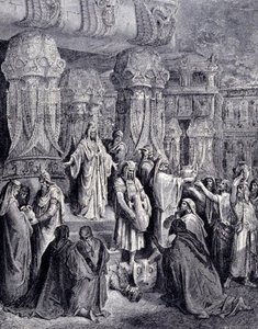 साइरस II द ग्रेट (580 ईसा पूर्व - 530 ईसा पूर्व) ने 539 ईसा पूर्व में बेबीलोन पहुंचने पर बंदी लोगों को मुक्त कर दिया और यहूदी लोगों को पवित्र जहाजों को वापस कर दिया, जिन्हें यरूशलेम के मंदिर में लूट के रूप में ले जाया गया था। गुस्ताव डोरे द्वारा उत्कीर्णन। द्वारा गुस्ताव डोर
