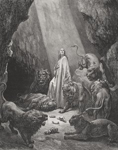 डैनियल ऑफ द लायन्स, डैनियल 6: 16-17, डोर की &39;द होली बाइबल&39;, से चित्रण, पियूड द्वारा उत्कीर्ण, 1866 द्वारा गुस्ताव डोर