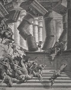 सैमसन की मृत्यु, न्यायाधीश 26: 28-30, डोर की &39;द होली बाइबल&39; का चित्रण, जी.लार्तेन्ट द्वारा उत्कीर्ण, 1866 (उत्कीर्णन) द्वारा गुस्ताव डोर