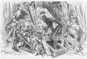 कठपुतलियों से लड़ते हुए डॉन क्विक्सोट, हेलियोडोर जोसेफ पिसन (1822-90) द्वारा उत्कीर्ण मिगेल सर्वेंट्स (1547-1616) द्वारा &39;डॉन क्विक्सोट डी ला मंच&39; से दृष्टांत। द्वारा गुस्ताव डोर