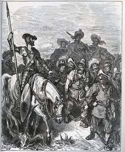 डॉन क्विक्सोट ने बलों से उनके दृढ़ विश्वास के कारणों के बारे में सवाल किया - मिगुएल सर्वेंट्स (1547-1616) (डॉन क्विक्सोट) द्वारा "डॉन क्विक्सोट डे ला मंच" से - गुस्ताव डोर द्वारा ड्राइंग के बाद वुडकट द्वारा गुस्ताव डोर