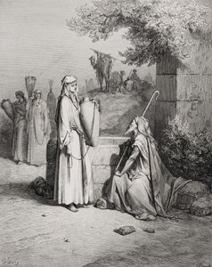 एलीएजर और रिबका, उत्पत्ति 24: 15-21, डोर की &39;द होली बाइबल&39; का चित्रण, पियूड द्वारा लिखित, 1866 द्वारा गुस्ताव डोर