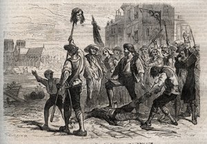फ्रांसीसी क्रांति: डेथ ऑफ जैक्स डी फ्लेसेलेस, काउंट ऑफ ब्रेगी (1730-1789), फ्रांसीसी प्रशासक, प्रीवोट डेस मार्चैंड्स सुर लेस डिग्रेस डे ल'होटल डे विले पेरिस में 14 जुलाई 1789 को - जैक्स डी फ्लेसेल्स की मृत्यु, के प्रोवोस्ट पेरिस के व्यापारी द्वारा गुस्ताव डोर