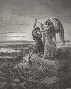 याकूब, एन्जिल के साथ कुश्ती, उत्पत्ति 32: 24-32, डोर की &39;द होली बाइबल&39; का चित्रण, लाप्लांटे द्वारा उत्कीर्ण, 1866 द्वारा गुस्ताव डोर