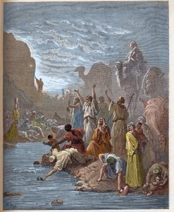 मूसा चट्टान से पानी निकालता है - Moise fait l'eau du Rock, dans le Desert - Book of Exodus (बाइबल) - गुस्ताव डोर (1832-1883) द्वारा "" द बाइबल इलस्ट्र्री" में उत्कीर्णन - "" से उत्कीर्णन डोर बाइबिल ”” द्वारा गुस्ताव डोर