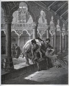 डॉन फर्नांड का पाठ; वह लुसिंडे को उस कॉन्वेंट से ले जाता है जहां उसने शरण ली थी - मिगुएल सर्वेंट्स (1547-1616) (डॉन क्विक्सोट) द्वारा "डॉन क्विक्सोट डे ला मंच" से - गुस्ताव डोर द्वारा ड्राइंग के बाद वुडकट द्वारा गुस्ताव डोर