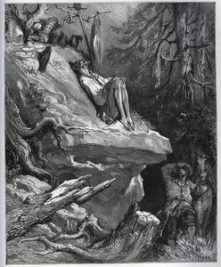 सांचो पांजा अपने गुरु को हमेशा तपस्या में पाता है - मिगुएल सर्वेंट्स (1547-1616) (डॉन क्विक्सोट) द्वारा "" डॉन क्विक्सोट डे ला मंच" से - गुस्ताव डोर द्वारा ड्राइंग के बाद वुडकट द्वारा गुस्ताव डोर