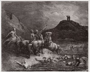 द डिवाइन कॉमेडी (ला डिविना कॉमेडिया, ला डिवाइन कॉमेडी), इन्फर्नो, कैंटो 12: नेसस एंड द सेंटॉर्स - दांते अलीघिएरी द्वारा (1265-1321) - गुस्ताव डोरे द्वारा चित्रण (1832-1883) द्वारा गुस्ताव डोर
