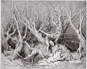 द डिवाइन कॉमेडी (ला डिविना कॉमेडिया, ला डिवाइन कॉमेडी), इन्फर्नो, कैंटो 13: द सुसाइड्स फ्ली द फॉरेस्ट - दांते अलीघिएरी द्वारा (1265-1321) - गुस्ताव डोरे द्वारा चित्रण (1832-1883) द्वारा गुस्ताव डोर