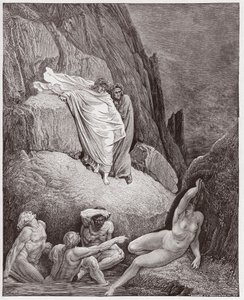 द डिवाइन कॉमेडी (ला डिविना कॉमेडिया, ला डिवाइन कॉमेडी), इन्फर्नो, कैंटो 18: वर्जिल दांते को थाई की छाया दिखाता है - दांते अलीघिएरी द्वारा (1265-1321) - गुस्ताव डोरे द्वारा चित्रण (1832-1883) द्वारा गुस्ताव डोर