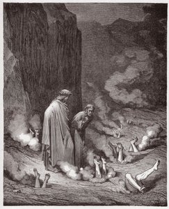 द डिवाइन कॉमेडी (ला डिविना कॉमेडिया, ला डिवाइन कॉमेडी), इन्फर्नो, कैंटो 19: दांते ने चौथे बोलगिया में पोप निकोलस III को फटकार लगाई - दांते अलीघिएरी द्वारा (1265-1321) - गुस्ताव डोरे द्वारा चित्रण (1832-1883) द्वारा गुस्ताव डोर