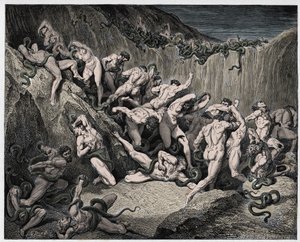 द डिवाइन कॉमेडी (ला डिविना कॉमेडिया, ला डिवाइन कॉमेडी), इन्फर्नो, कैंटो 24: चोरों को नागों द्वारा सताया गया - दांते अलीघिएरी द्वारा (1265-1321) - गुस्ताव डोरे द्वारा चित्रण (1832-1883) द्वारा गुस्ताव डोर