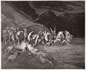द डिवाइन कॉमेडी (ला डिविना कॉमेडिया, ला डिवाइन कॉमेडी), इन्फर्नो, कैंटो ३: द डूम्ड सोल्स एचेरॉन को पार करने के लिए तैयार हैं - दांते अलीघिएरी द्वारा (१२६५-१३२१) - गुस्ताव डोरे द्वारा चित्रण (१८३२-१८८३) द्वारा गुस्ताव डोर