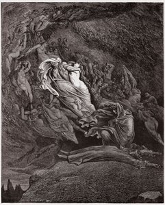 द डिवाइन कॉमेडी (ला डिविना कॉमेडिया, ला डिवाइन कॉमेडी), इन्फर्नो, कैंटो 5: फ्रांसेस्का ने अपनी मृत्यु का वर्णन किया - दांते अलीघिएरी द्वारा (1265-1321) - गुस्ताव डोरे द्वारा चित्रण (1832-1883) द्वारा गुस्ताव डोर