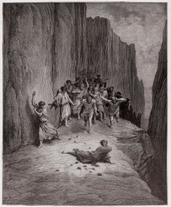 द डिवाइन कॉमेडी (ला डिविना कॉमेडिया, ला डिवाइन कॉमेडी), पुर्गाटोरियो, कैंटो 15: दांते की स्टोनिंग ऑफ स्टीफन की दृष्टि - दांते अलीघिएरी द्वारा (1265-1321) - गुस्ताव डोरे द्वारा चित्रण (1832-1883) द्वारा गुस्ताव डोर