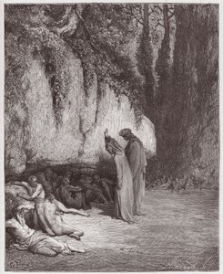 द डिवाइन कॉमेडी (ला डिविना कॉमेडिया, ला डिवाइन कॉमेडी), पुर्गाटोरियो, कैंटो 4: द इंडेंटल सोल्स बिसाइड द रॉक - दांते अलीघिएरी द्वारा (1265-1321) - गुस्ताव डोरे द्वारा चित्रण (1832-1883) द्वारा गुस्ताव डोर