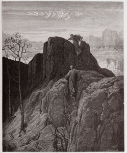 द डिवाइन कॉमेडी (ला डिविना कॉमेडिया, ला डिवाइन कॉमेडी), पुर्गाटोरियो, कैंटो 4: वर्जिल दांते को ऊबड़-खाबड़ पहाड़ी पर ले जाता है - दांते अलीघिएरी द्वारा (1265-1321) - गुस्ताव डोरे द्वारा चित्रण (1832-1883) द्वारा गुस्ताव डोर