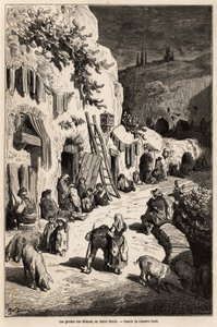 ग्रेनाडा में सैक्रो मोंटे में जिप्सियों की गुफाएं (भूमिगत घर)। 1862 में स्पेन की अपनी यात्रा का वर्णन करने के लिए, गुस्ताव डोर (1832-1883) द्वारा ड्राइंग, Ch.Davilier के साथ। एडौर्ड चार्टन द्वारा संपादित "" ले टूर डू मोंडे "" में उत्कीर द्वारा गुस्ताव डोर