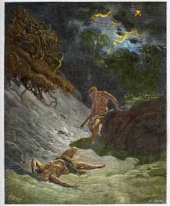 हाबिल की मृत्यु - कैन द्वारा हाबिल की हत्या - गुस्ताव डोर (1832-1883) द्वारा "द बाइबिल इलस्ट्री" में उत्कीर्णन - "" द डोर बाइबिल "" से उत्कीर्णन द्वारा गुस्ताव डोर