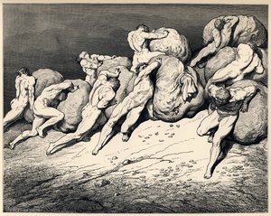 होर्डर्स और वास्टर्स। दांते एलघिएरी द्वारा 1857 में दैवीय कॉमेडी के लिए चित्रण द्वारा गुस्ताव डोर