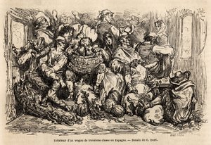 स्पेन में एक तीसरे वर्ग के वैगन का इंटीरियर, गुस्ताव डोर (1832-1883) द्वारा चित्रित, 1862 में सी। डेविलियर के साथ स्पेन की अपनी यात्रा को चित्रित करने के लिए। एडौर्ड चार्टन द्वारा संपादित "" ले टूर डू मोंडे "" में उत्कीर्णन द्वारा गुस्ताव डोर