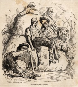 एलिकांटे के बंदरगाह के वाहकों की झपकी, गुस्ताव डोर (1832-1883) के जीवंत पर बने स्केच, 1862 में स्पेन की अपनी यात्रा को स्पष्ट करने के लिए, Ch के साथ। डेविलियर। एडौर्ड चार्टन द्वारा संपादित "" ले टूर डू मोंडे "" में उत्कीर्णन द्वारा गुस्ताव डोर