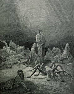 विर्गिल (70-19 ई.पू.) और डांटे ने मकड़ी वाली महिला को देखा, दांते अल्जीयरी (1265-1321) पेरिस द्वारा &39;द डिवाइन कॉमेडी&39; (इन्फर्नो), 1885 से प्रकाशित द्वारा गुस्ताव डोर