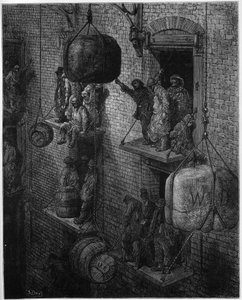 वेयरहाउसिंग इन द सिटी - विलियम ब्लैंचर्ड जेरोल्ड (1826-94) द्वारा लिखित 'लंदन, ए पिलग्रिमेज' से - गुस्ताव डोरे के चित्र - 1872 - द्वारा Gustave Dore