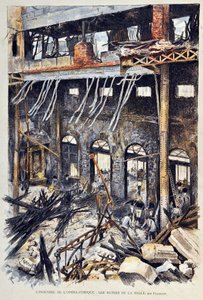 25 मई 1887 को पेरिस में ओपेरा कॉमिक (ओपेरा-कॉमिक) की आग एम्ब्रोज़ थॉमस के "मिग्नॉन" के पहले कार्य के प्रदर्शन के दौरान। भीतरी खंडहर। गुस्ताव फ्रैपोंट द्वारा चित्रण (1849 -1923) 1887 की उत्कीर्णन "पेरिस-इलस्ट्रस जर्नल साप्ताहिक" में। द्वारा गुस्तावे फ्राईपोंट