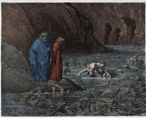 इन्फर्नो, कैंटो 32: युगोलिनो (घेरार्डेस्का द्वारा उगोलिन) आर्कबिशप रग्गीरी (रग्गारी उबलदीनी) के सिर पर कुल्हाड़ी मारना, 1885 में दांते अलघिएरी से द डिवाइन कॉमेडी का चित्रण (डिजिटल रूप से रंगीन) द्वारा डोर के बाद गुस्ताव