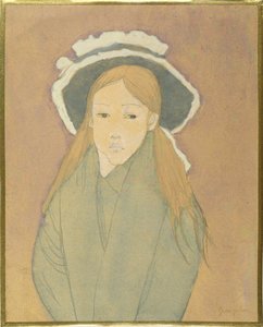 बड़ी टोपी और स्ट्रॉ-कलर्ड बाल वाली लड़की, 1910s (wc, gouache und ग्रेफाइट पेपर पर
