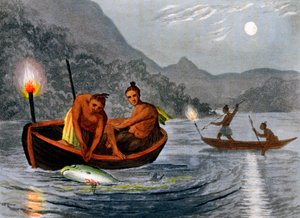 1813 में उत्तरी अमेरिका में मशाल की रोशनी में मछली पकड़ते अमेरिकी मूल-निवासी