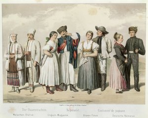 गैब्रियल डे प्रोनय, 1855 के &39;स्केचेस ऑफ द हंग्री पीपुल्स लाइफ&39; से किसानों (एल से आर) रोमानिया, हंगरी, स्लोवाकिया और जर्मनी के किसानों की वेशभूषा द्वारा एच। वीर