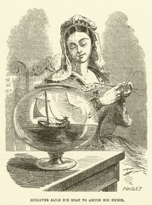 गुलिवर अपनी नर्स को खुश करने के लिए अपनी नाव चलाता है (उत्कीर्णन) द्वारा हैब्लोट नाइट ब्राउन के बाद