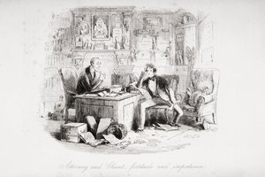 अटॉर्नी और क्लाइंट, भाग्य और अधीरता, चार्ल्स डिकेंस (1812-70) द्वारा &39;ब्लेक हाउस&39; से 1853 में प्रकाशित चित्रण (लिथो) द्वारा हबलोत नाइट ब्राउन