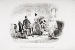 मिस्टर स्मॉलवीड ने शांति के पाइप को तोड़ दिया, चार्ल्स डिकेंस (1812-70) द्वारा &39;ब्लेक हाउस&39; से 1853 में प्रकाशित चित्रण द्वारा हबलोत नाइट ब्राउन