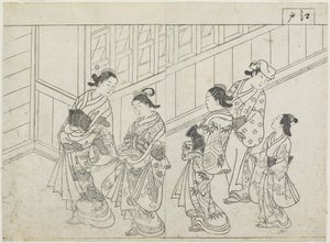 पाँच वेश्याएँ एक घर के सामने, 1770 के दशक की शुरुआत में (वुडब्लॉक प्रिंट) द्वारा हनबुसा शिगनोबु