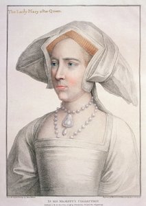 मैरी ट्यूडर (1516-58) फ्रांसेस्को बार्टोलोज़ी (1727-1815) द्वारा उत्कीर्ण (उत्कीर्णन) द्वारा हंस (बाद में) होलबीन द यंगर
