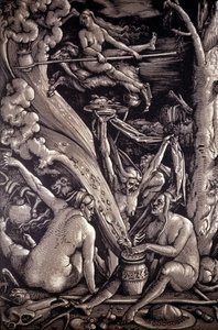 चुड़ैलों का सब्त, हंस बाल्डुंग ग्रीन, जर्मन चित्रकार, उत्कीर्णक और कार्टूनिस्ट (1484-1545) द्वारा उत्कीर्ण।